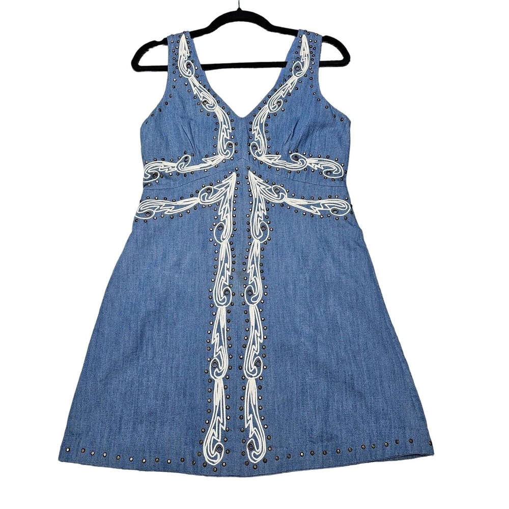 Anthropologie Blue Embroidered Denim Mini Dress